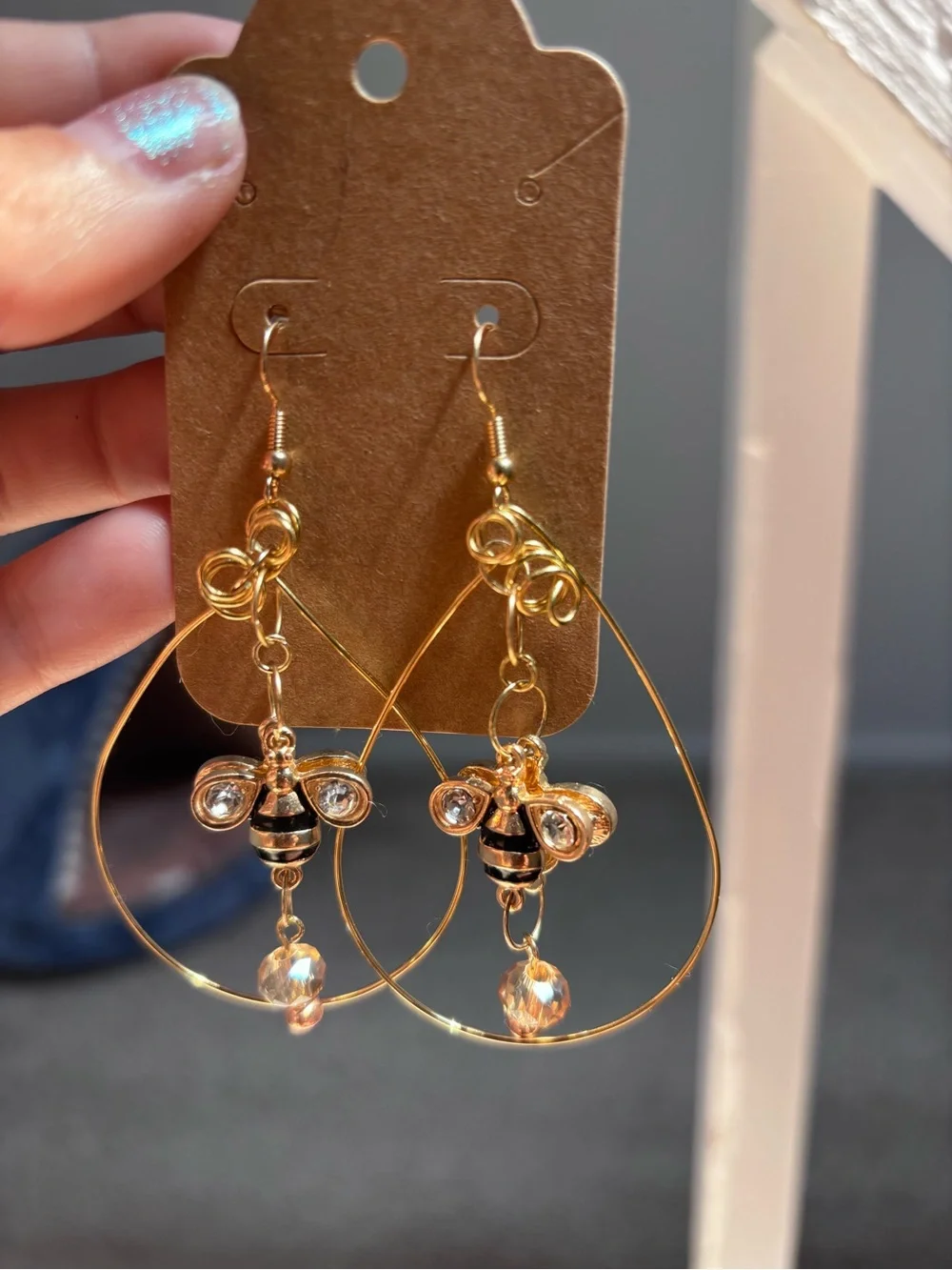 Gold Bee Drop Earrings with Crystal Accents